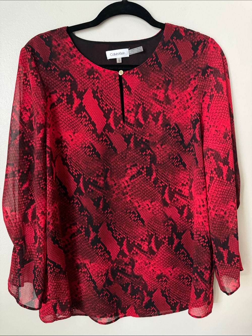Calvin Klein Red and Black Snake-Print Sheer Blouse with Keyhole